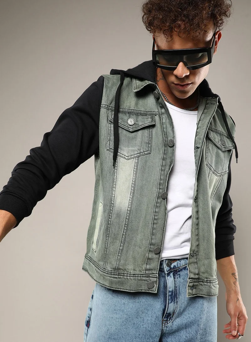 كامبوس سوترا Men's Grey & Black Light-Wash Denim Jacket With Sweatshirt Sleeve For Casual Wear | Hooded Neck | Long Sleeve | Button Closure | Cotton Jacket Crafted With Comfort Fit For Everyday Wear